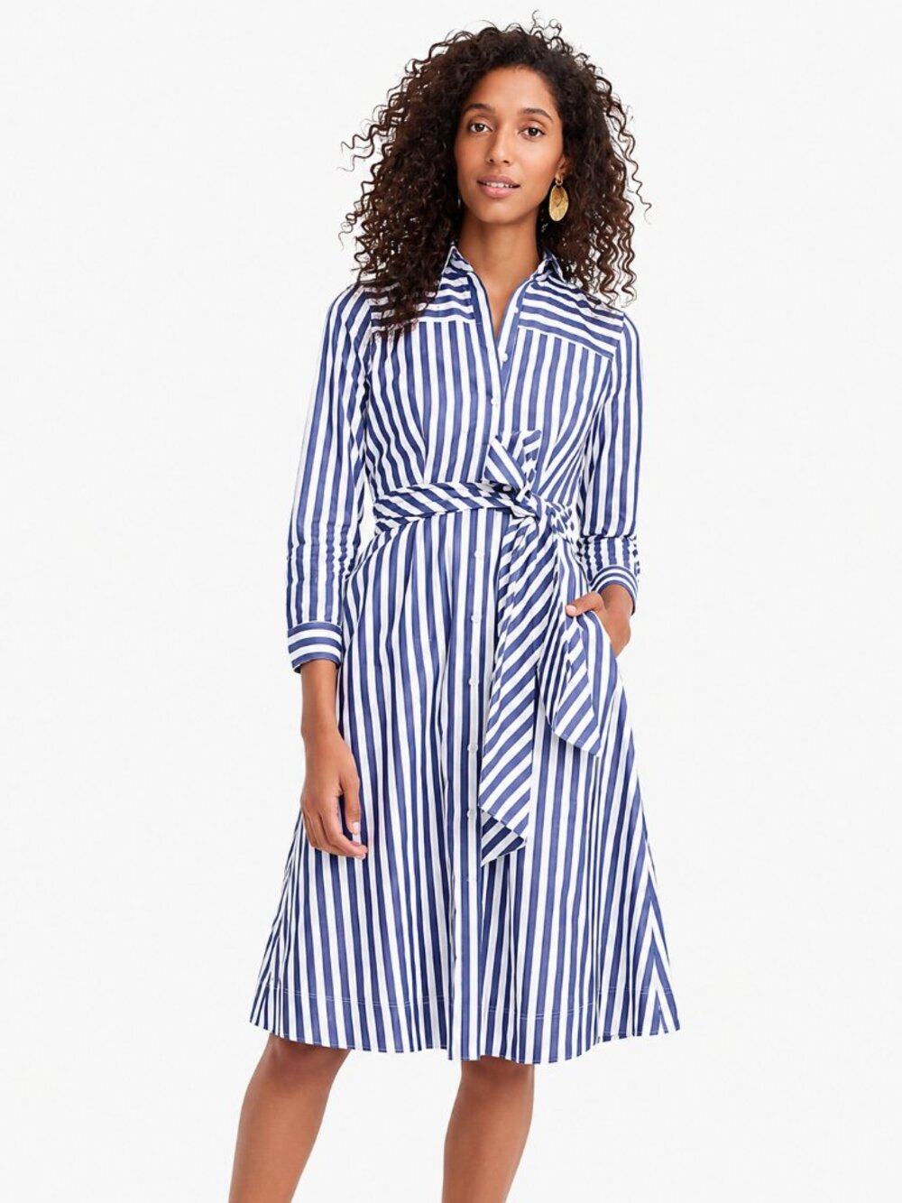 J.CREW 100% COTTON Tie Waist Striped Shirt Dress Blue White